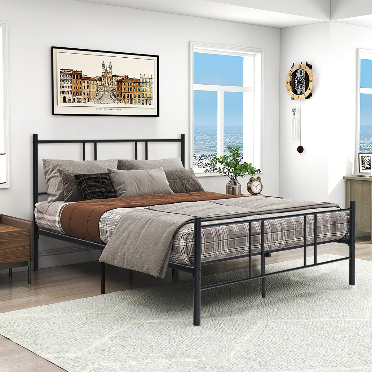 Estrutura de Cama Metálica com Cabeceira e Estribo em Aço Fácil de Montar Preto-209x164x101 cm