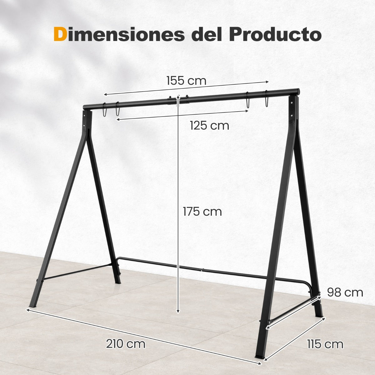 Marco de Baloiço para Jardim – 210 x 115 x 175 cm – Negro – Metal