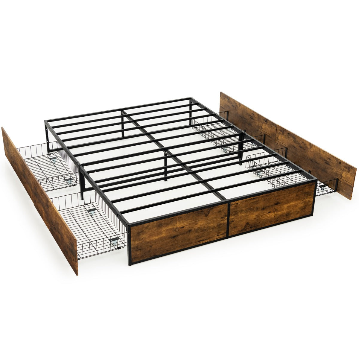 Estrutura de Cama Dupla em Metal com 4 Gavetas Base em Madeira Furos Reservados para Cabeceira Estrado com Ripas Base de Colchão
