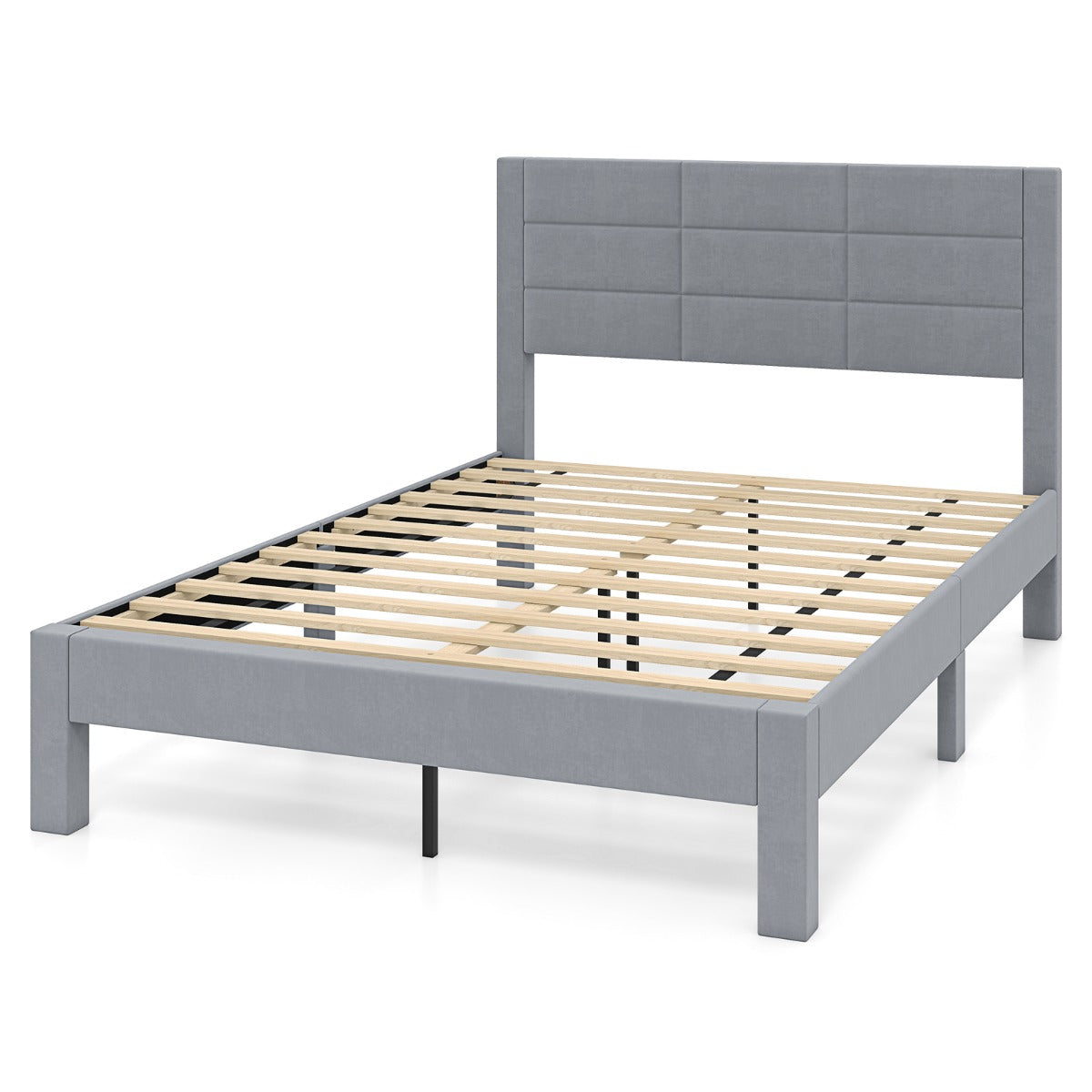 Cama de Casal com Cabeceira Estofada Estrado de Ripas de Madeira Sem Necessidade de Estrado 211 x 141 x 109 cm Cinzento