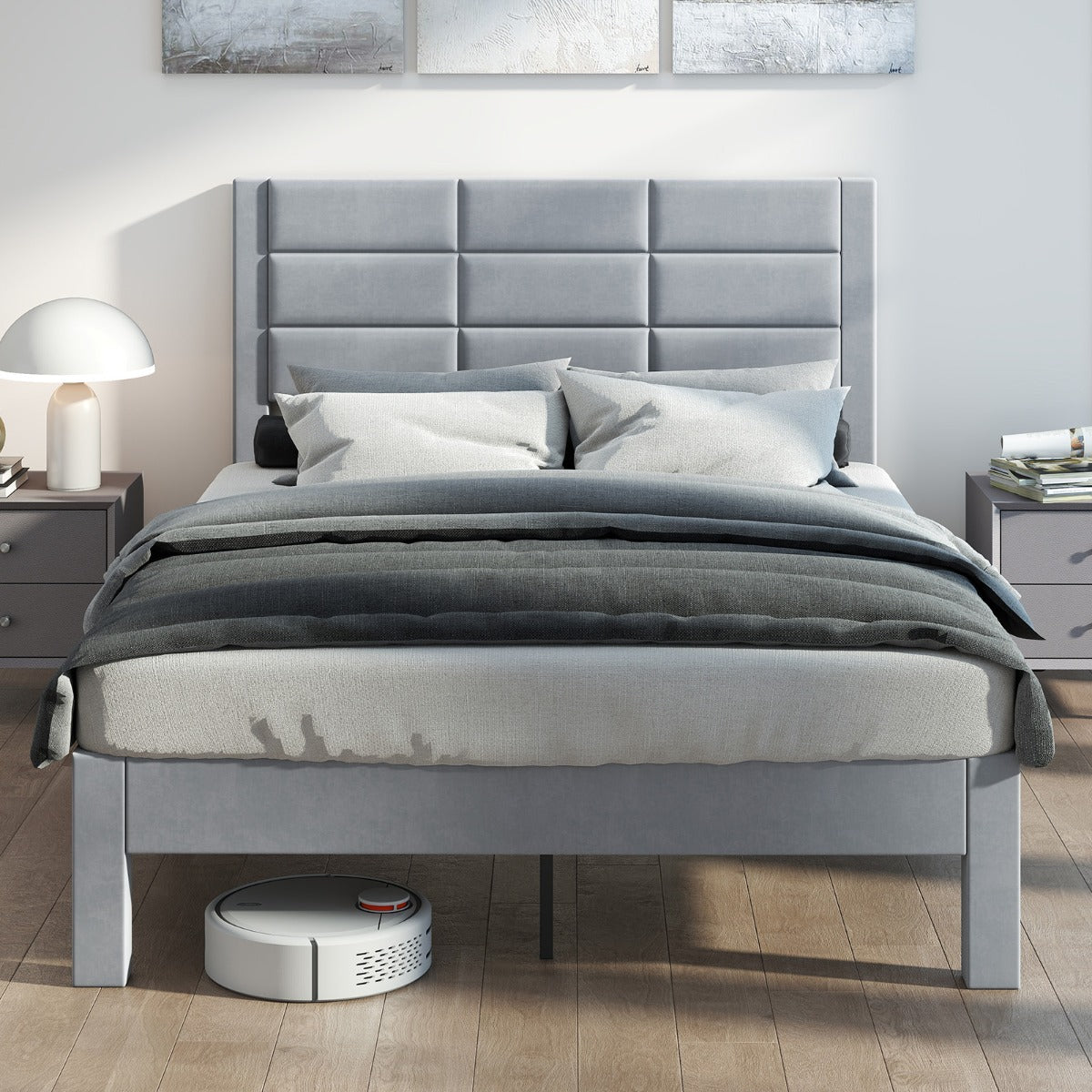 Cama de Casal com Cabeceira Estofada Estrado de Ripas de Madeira Sem Necessidade de Estrado 211 x 141 x 109 cm Cinzento