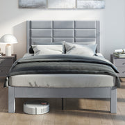 Cama de Casal com Cabeceira Estofada Estrado de Ripas de Madeira Sem Necessidade de Estrado 211 x 141 x 109 cm Cinzento