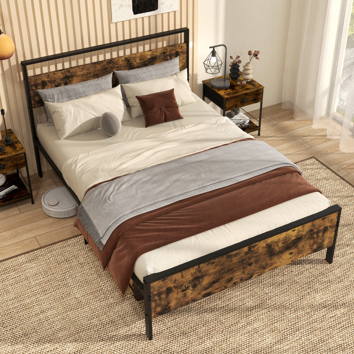 Estrutura de Cama Full com Estrutura de Metal Resistente Cabeceira de Madeira e Arrumação por Baixo da Cama 210 x 141 x 99 cm Castanho