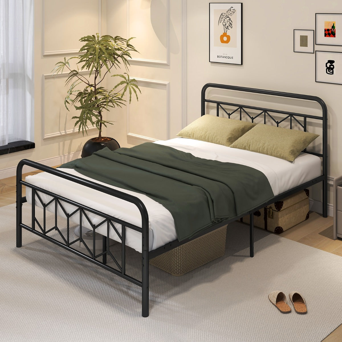 Estrutura de Cama Metálica de Tamanho Completo com Cabeceira, Estrado e Base de Colchão de Ripas Metálicas 142 x 207 x 104 cm Preto
