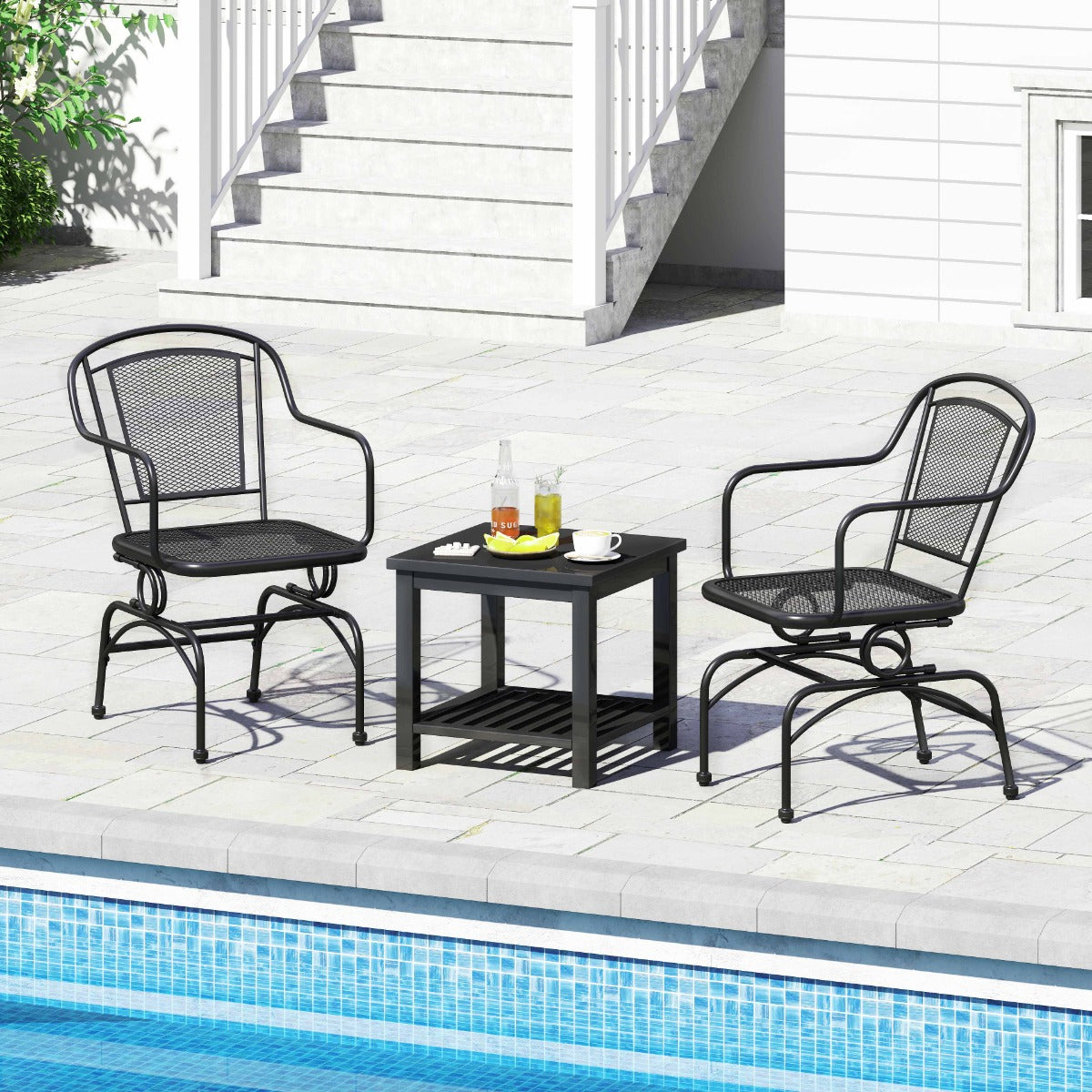 Conjunto de 2 Cadeiras de Baloiço para Exterior com Encosto e Assento em Malha Metálica Apoios de Braços Confortáveis Almofadas Ajustáveis Preto