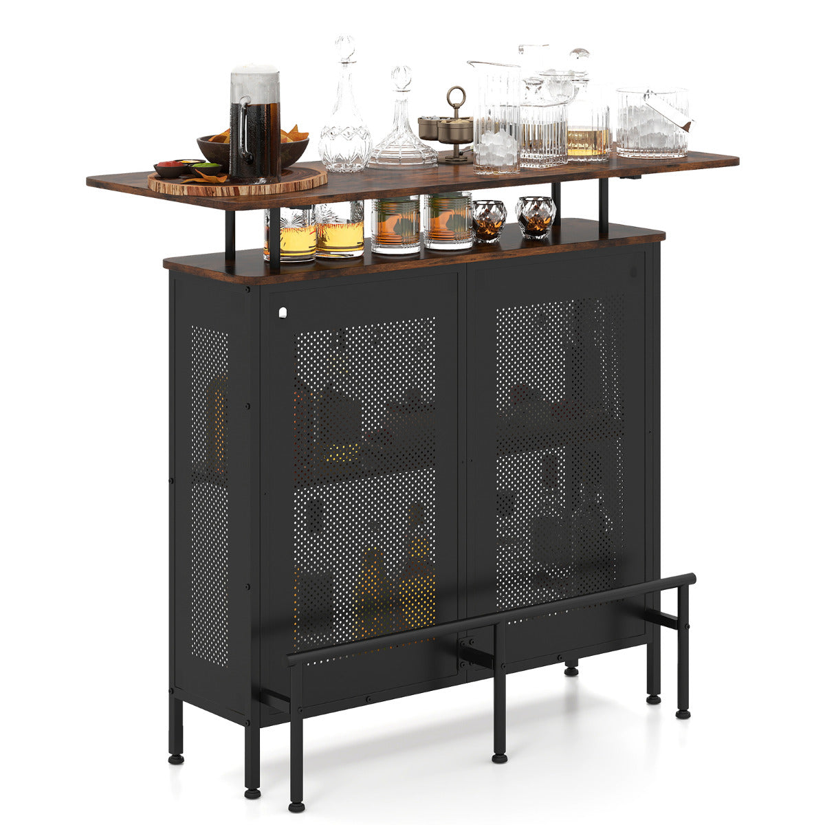 Mesa Alta de Bar Armário de Metal com 2 Estantes para Vinho e 6 Suportes para Copos Descanso de Pés para Bar Cozinha Pub 120 x 50 x 106,5 cm Castanho