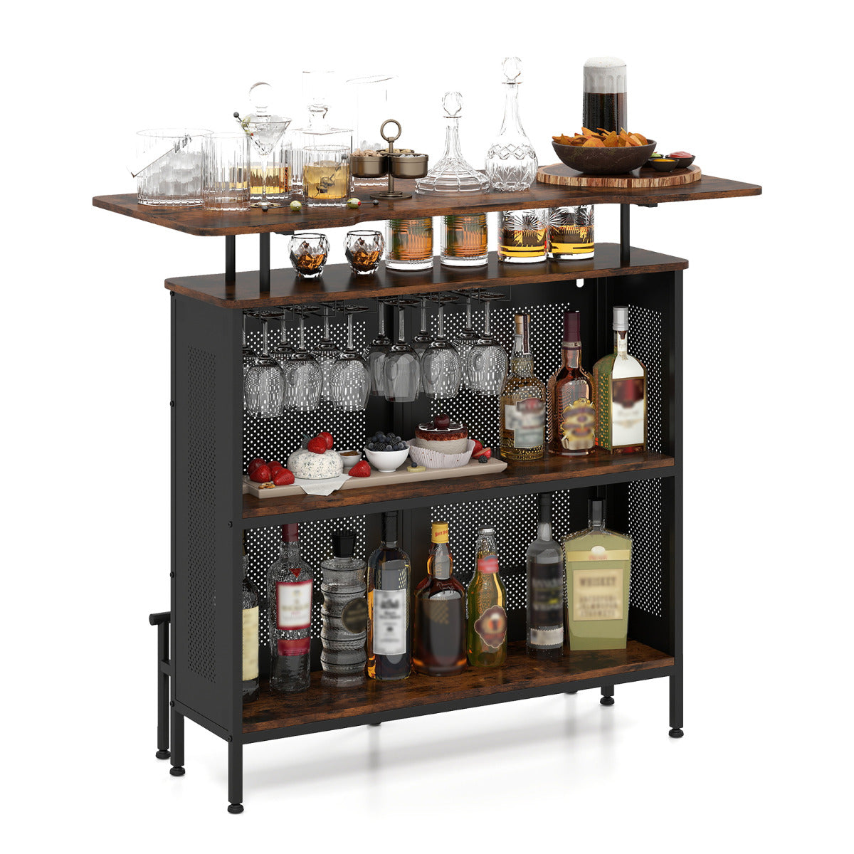 Mesa Alta de Bar Armário de Metal com 2 Estantes para Vinho e 6 Suportes para Copos Descanso de Pés para Bar Cozinha Pub 120 x 50 x 106,5 cm Castanho