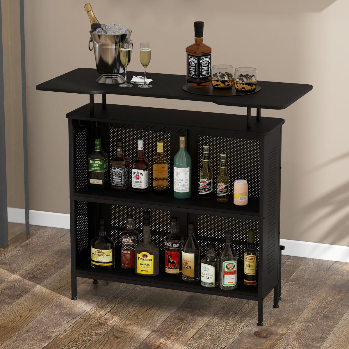 Mesa Alta de Bar Armário de Metal com 2 Estantes para Vinho e 6 Suportes para Copos Apoio para Pés para Bar Cozinha Pub 120 x 50 x 106,5 cm Preto