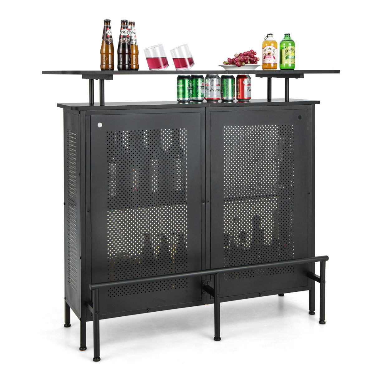 Mesa Alta de Bar Armário de Metal com 2 Estantes para Vinho e 6 Suportes para Copos Apoio para Pés para Bar Cozinha Pub 120 x 50 x 106,5 cm Preto