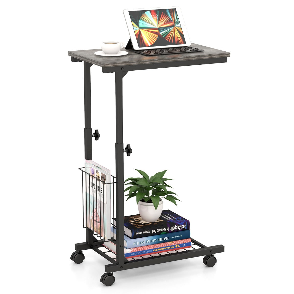 Mesa Auxiliar em Forma de C para Sofá com Rodas Cesto de Arrumação Mesa Compacta para Sala de Estar Sofá 50 x 30 x 58-80 cm Cinzento