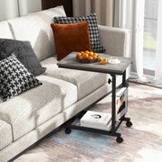 Mesa Auxiliar em Forma de C para Sofá com Rodas Cesto de Arrumação Mesa Compacta para Sala de Estar Sofá 50 x 30 x 58-80 cm Cinzento