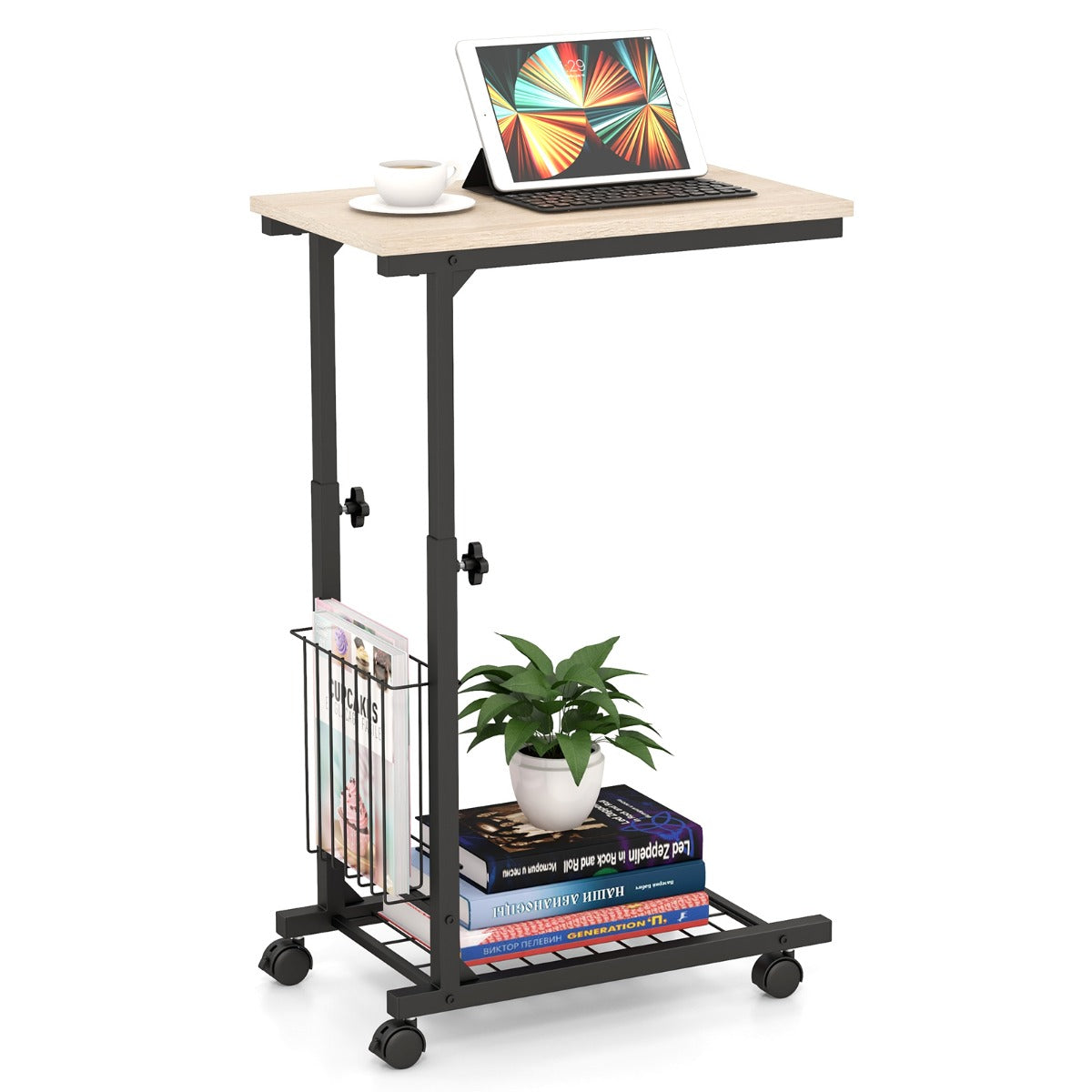 Mesa Auxiliar em Forma de C para Sofá com Rodas Cesta de Armazenamento Mesa Compacta para Sala de Estar Sofá 50 x 30 x 58-80 cm Natural