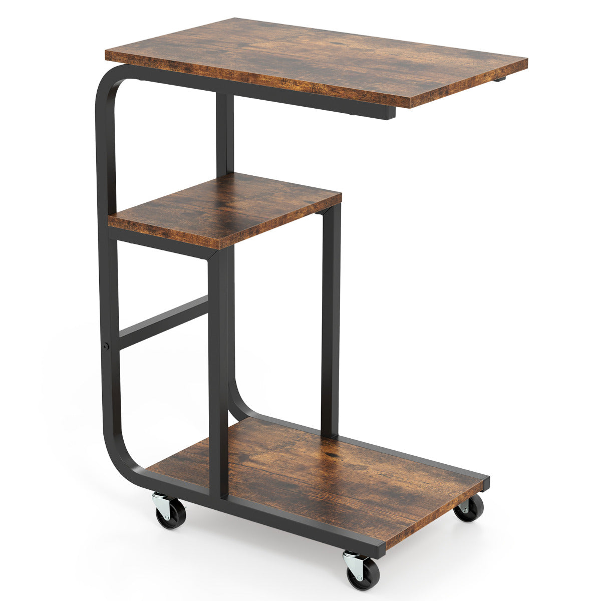 Mesa Auxiliar em Forma de C com Estantes Abertas e Rodas para Quarto e Sala de Estar - Marrom