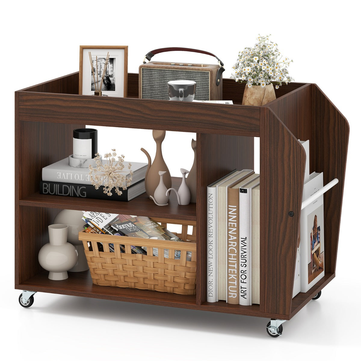 Mesa Auxiliar com Rodízios Estantería de 3 Níveis em Madeira para Estudo Sala de Estar 76 x 39,5 x 55 cm Nogueira