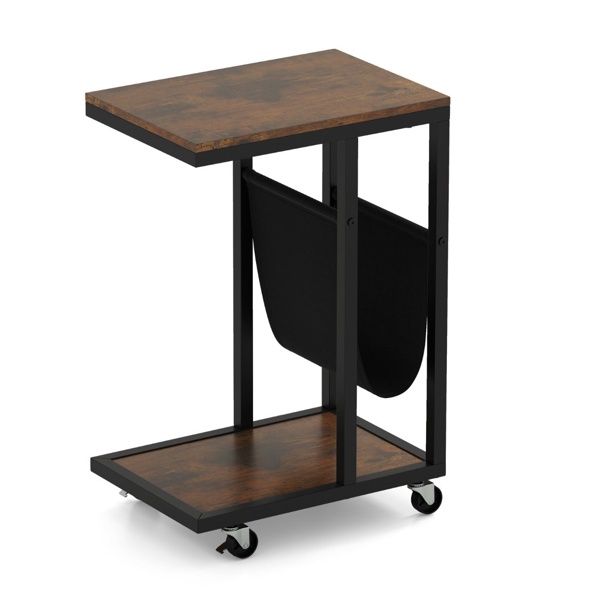 Mesa Auxiliar em Forma de C com Rodas Mesa de Sofá Industrial de 3 Níveis com Estrutura em Metal 40 x 28 x 59 cm Castanho Rústico
