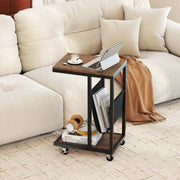 Mesa Auxiliar em Forma de C com Rodas Mesa de Sofá Industrial de 3 Níveis com Estrutura em Metal 40 x 28 x 59 cm Castanho Rústico