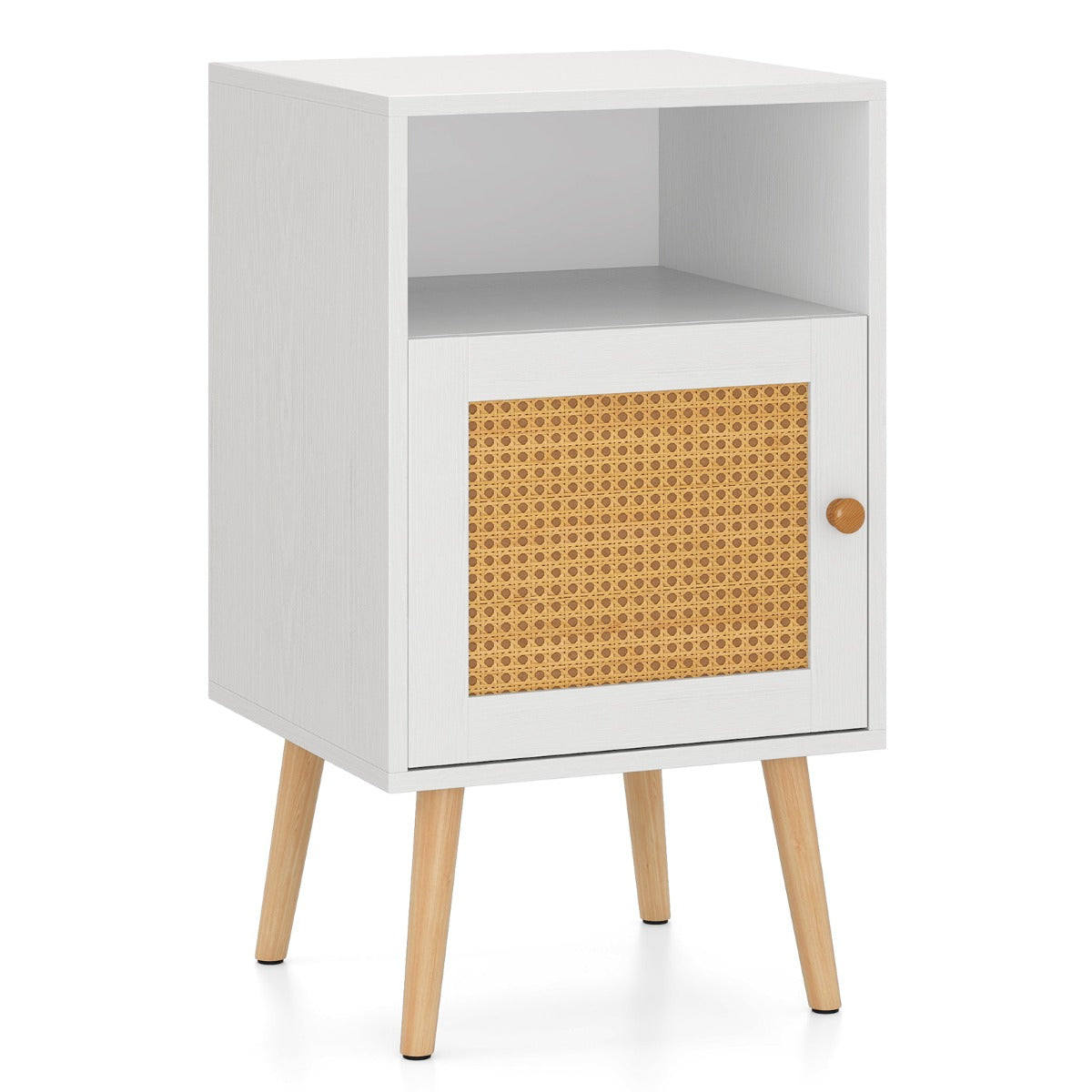 Mesinha de Cabeceira com Prateleira Aberta e Porta Decorada em Ratan PE para Quarto ou Sala de Estar 40 x 39 x 70 cm Branco