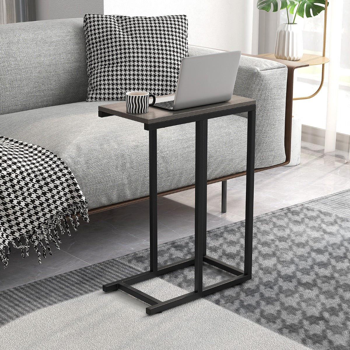 Mesa Auxiliar em Forma de C – 64 cm – Cinzento – Madeira e Metal