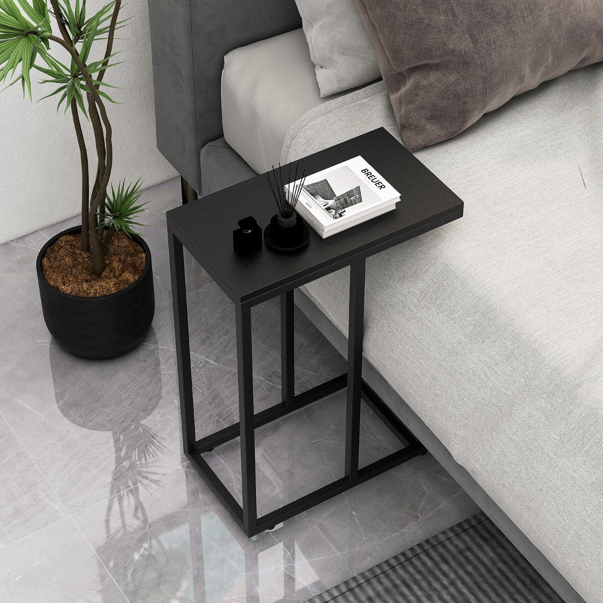 Mesa Auxiliar em Forma de C – 64 cm – Preto – Madeira e Metal