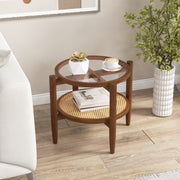 Mesa Auxiliar Redonda de Café em Rattan PE com Tampo de Vidro Temperado e Pernas em Madeira de Acácia 56 x 56 x 46 cm Castanho