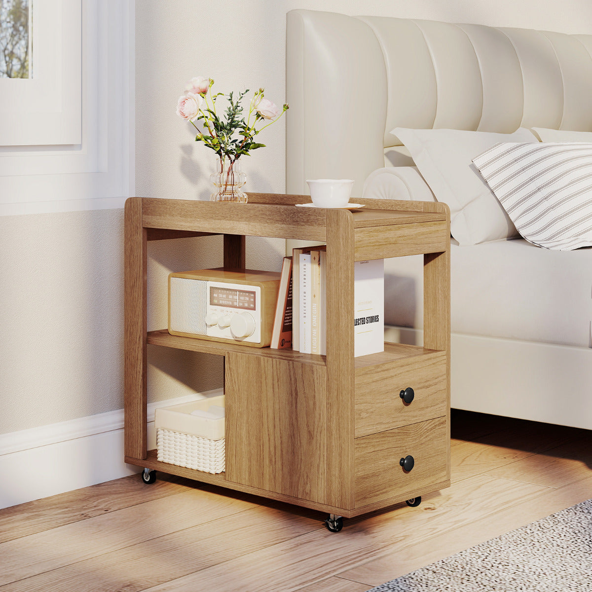 Mesa Auxiliar Estreita Mesa Lateral para Sofá de 2 Gavetas com Prateleiras Abertas Mesa de Cabeceira com Rodízios para Sala Natural