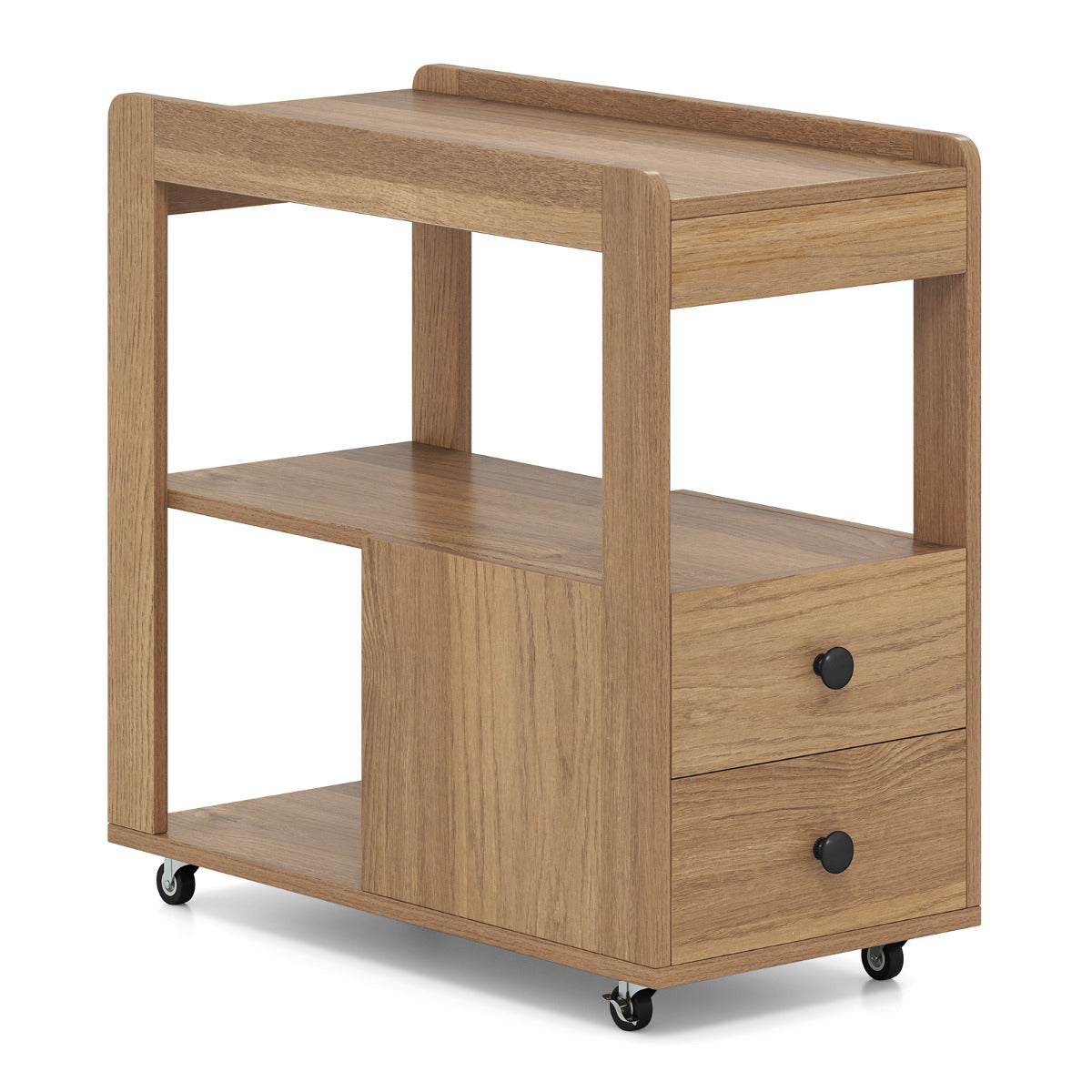 Mesa Auxiliar Estreita Mesa Lateral para Sofá de 2 Gavetas com Prateleiras Abertas Mesa de Cabeceira com Rodízios para Sala Natural