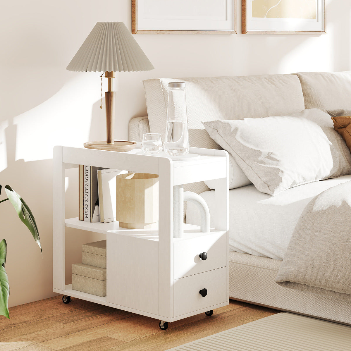 Mesa Auxiliar Estreita Mesa Lateral para Sofá de 2 Gavetas com Prateleiras Abertas Mesa de Cabeceira Rolante com Rodas para Sala Branco
