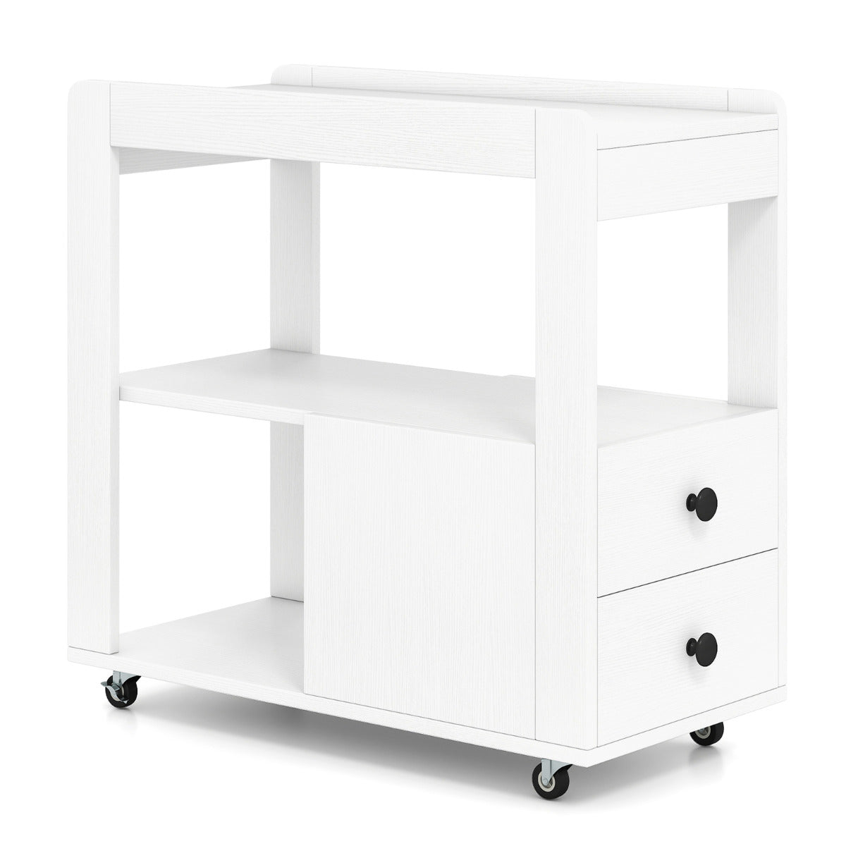 Mesa Auxiliar Estreita Mesa Lateral para Sofá de 2 Gavetas com Prateleiras Abertas Mesa de Cabeceira Rolante com Rodas para Sala Branco
