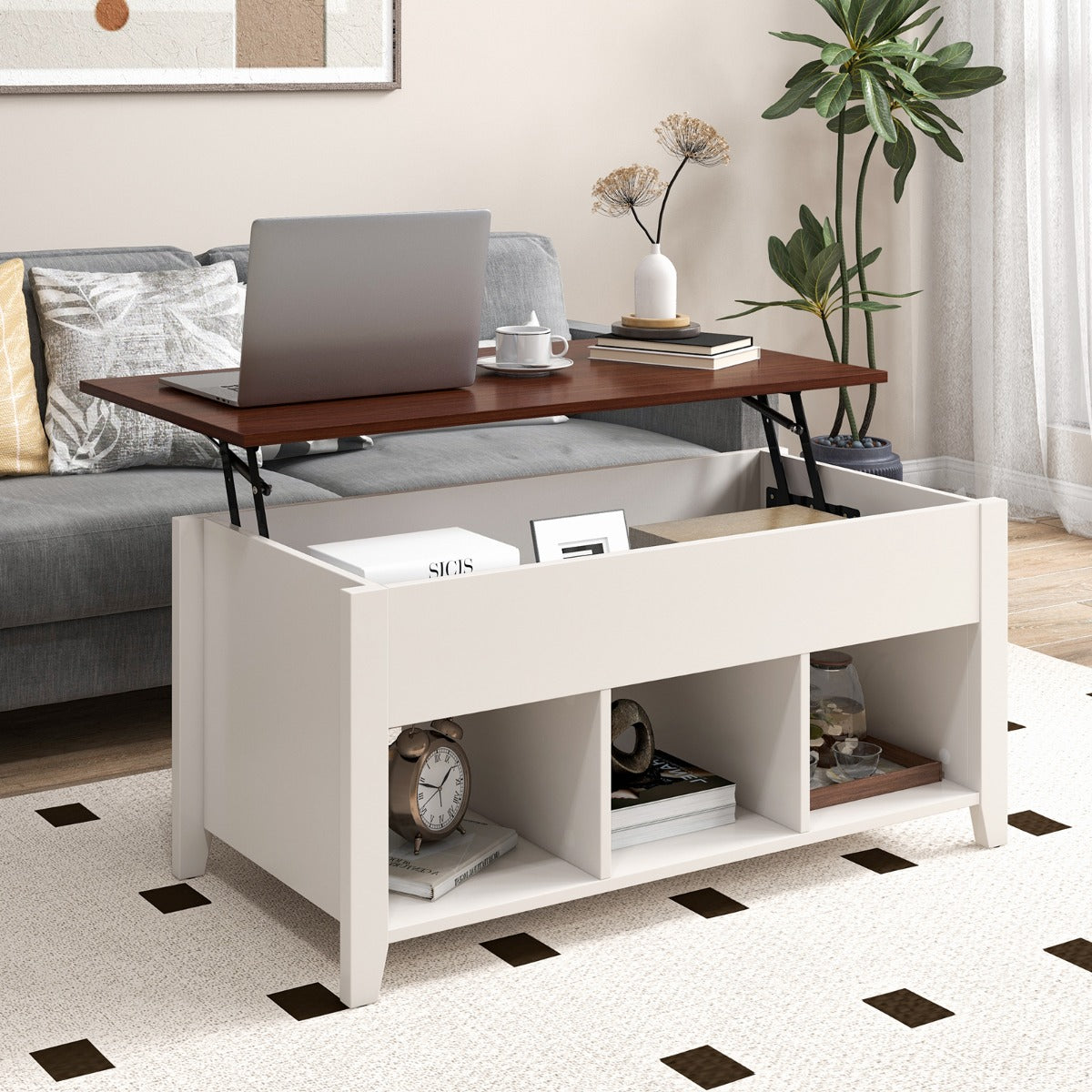 Mesa de Centro Elevável em Madeira com 3 Prateleiras Abertas para Sala de Estar Branca 105 x 52 x 49 cm