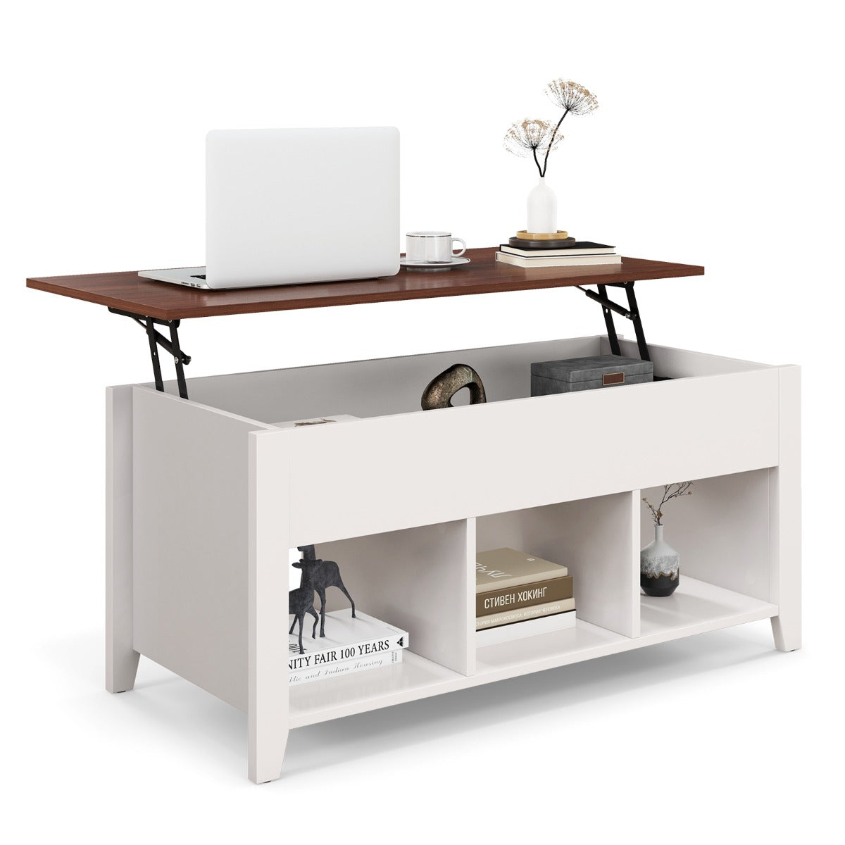 Mesa de Centro Elevável em Madeira com 3 Prateleiras Abertas para Sala de Estar Branca 105 x 52 x 49 cm