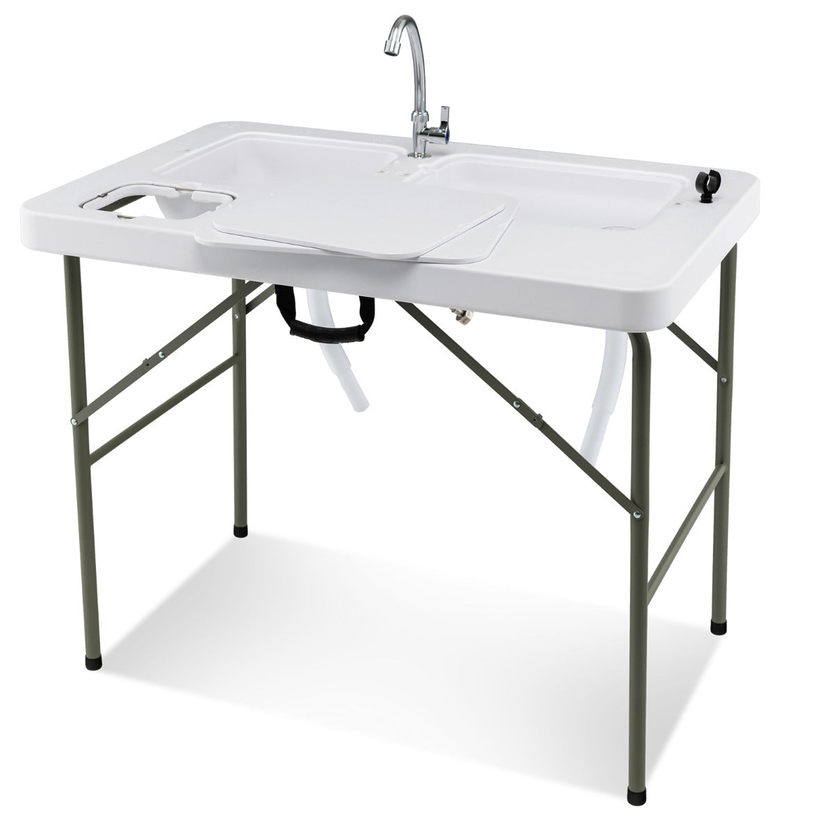 Mesa de Camping Dobrável Estação de Limpeza de Peixe com 2 Pias Torneira Giratória Mesa de Piquenique Portátil para Pesca Churrasco Branco