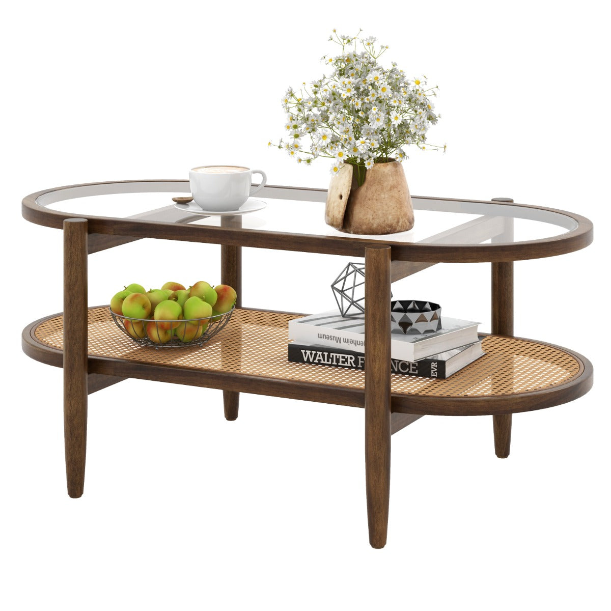 Mesa de Centro em Rattan PE com Superfície de Vidro Temperado e Estrutura em Madeira de Acácia 102 x 56 x 47 cm Castanho
