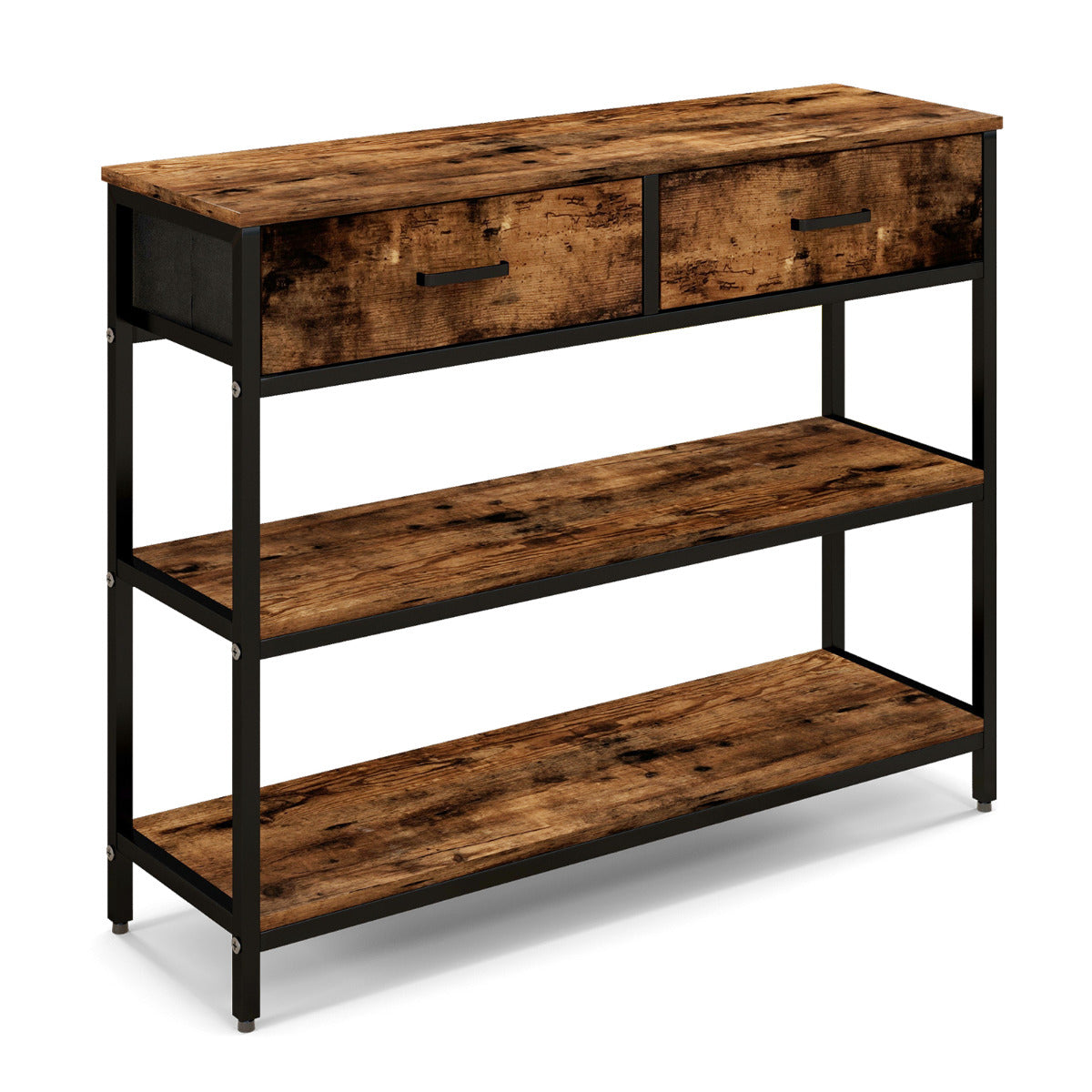 Mesa Consola de Sofá com 2 Gavetas Dobráveis e Prateleiras Mesinha Auxiliar em Metal para Sala de Estar Hall de Entrada 100 x 30 x 80 cm Castanho