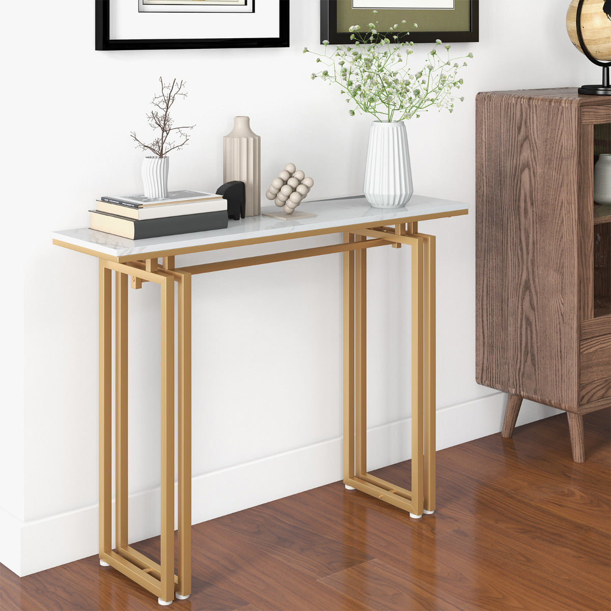Mesa Consola Moderna com Tampo de Falso Mármore e Estrutura em Metal Mesa Lateral Longa para Sala Corredor Entrada 110 x 30 x 81 cm Dourado