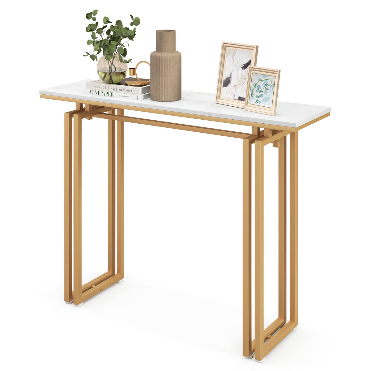 Mesa Consola Moderna com Tampo de Falso Mármore e Estrutura em Metal Mesa Lateral Longa para Sala Corredor Entrada 110 x 30 x 81 cm Dourado