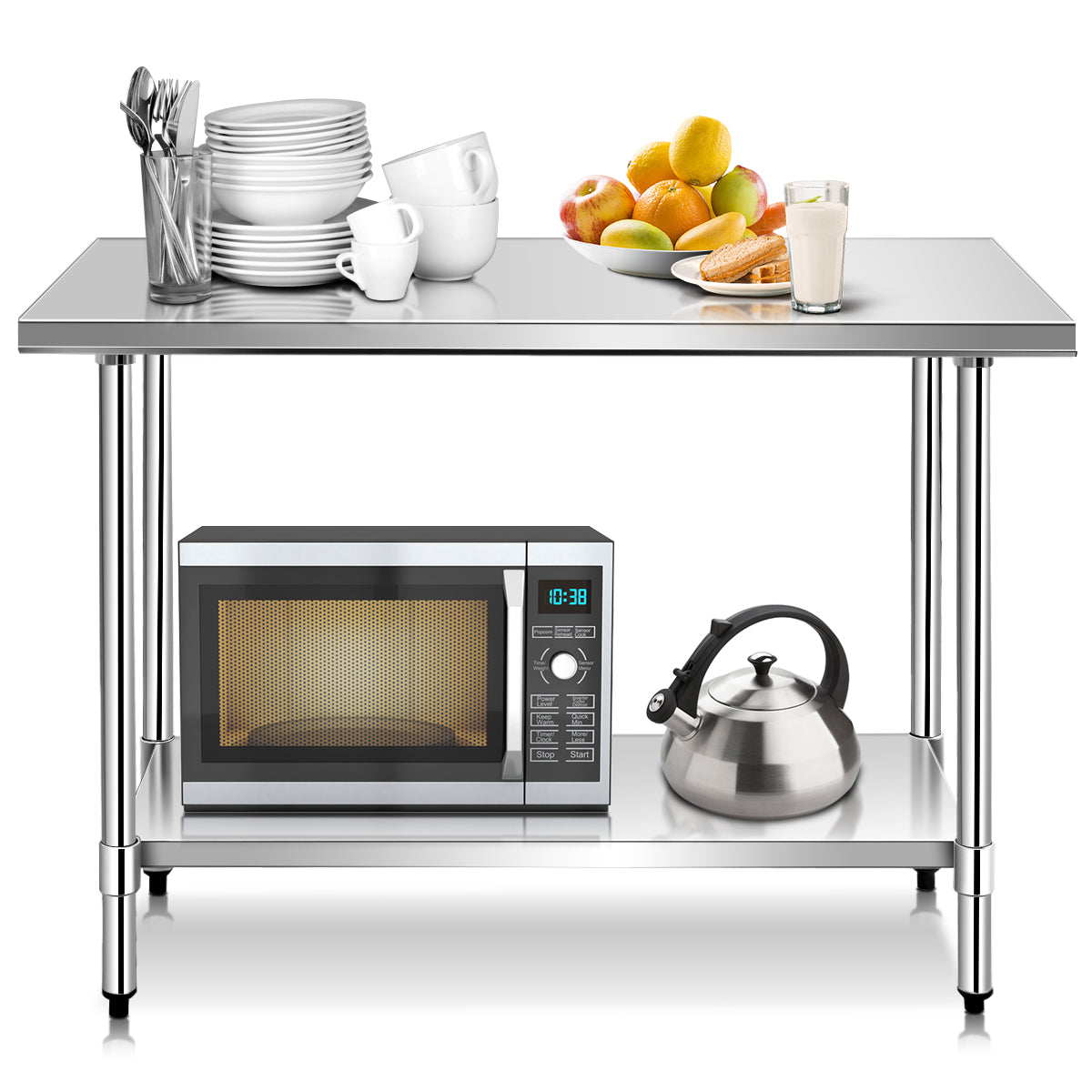 Mesa de Trabalho em Aço Inoxidável com Rodas e 2 Níveis de Prateleira Ajustável 122 x 61 x 90 cm