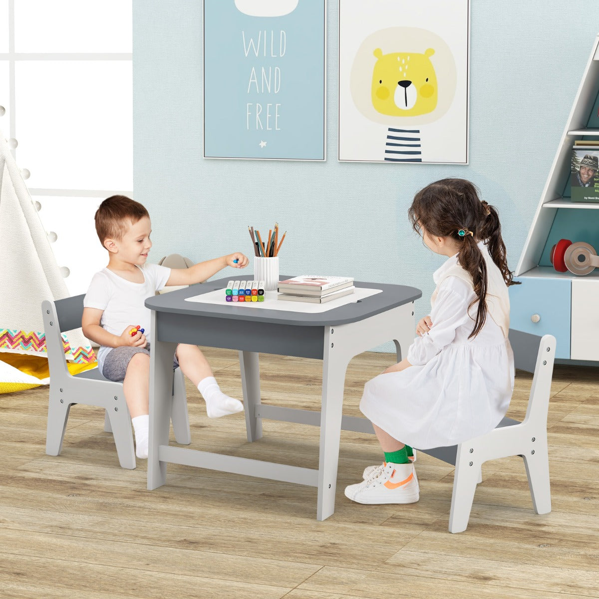 Conjunto de Mesa e Cadeiras para Crianças – 60 cm x 60 cm x 49 cm – Cinza e Branco – MDF