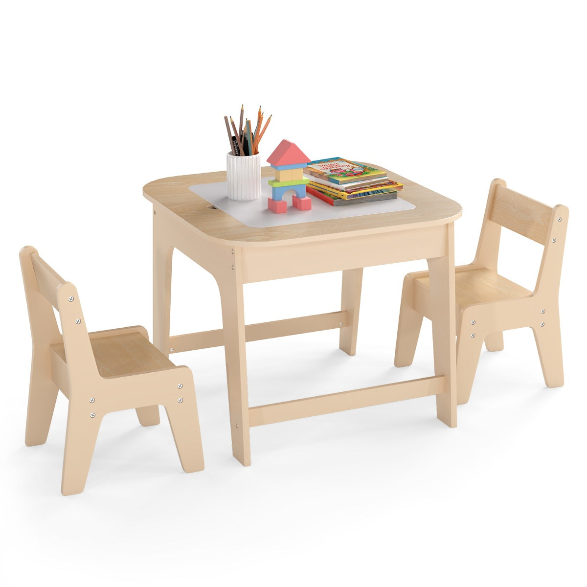 Conjunto de Mesa e Cadeiras para Crianças – 60 cm x 60 cm x 49 cm – Natural – MDF