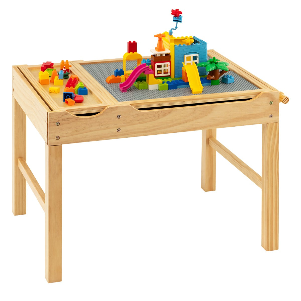 Mesa de Atividades Infantil em Madeira com Tabuleiro Reversível, Compartimentos e Suporte para Rolo de Papel 86,5 x 60 x 57 cm - Natural