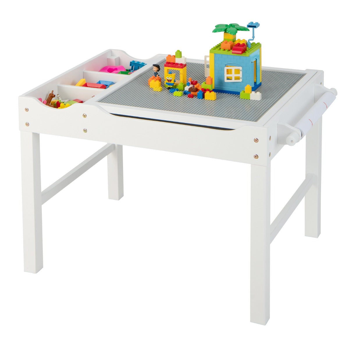 Mesa de Atividades Infantil em Madeira com Tabuleiro Reversível, Compartimentos e Porta-rolos 86,5 x 60 x 57 cm - Branco