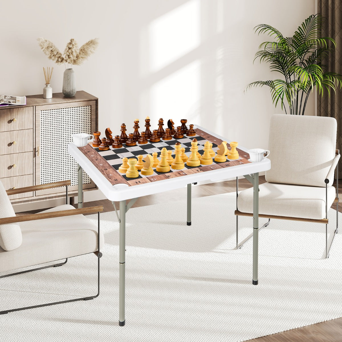 Mesa de Xadrez Dobrável de 90cm com Tapete Removível e 4 Suportes para Copos Pega de Transporte