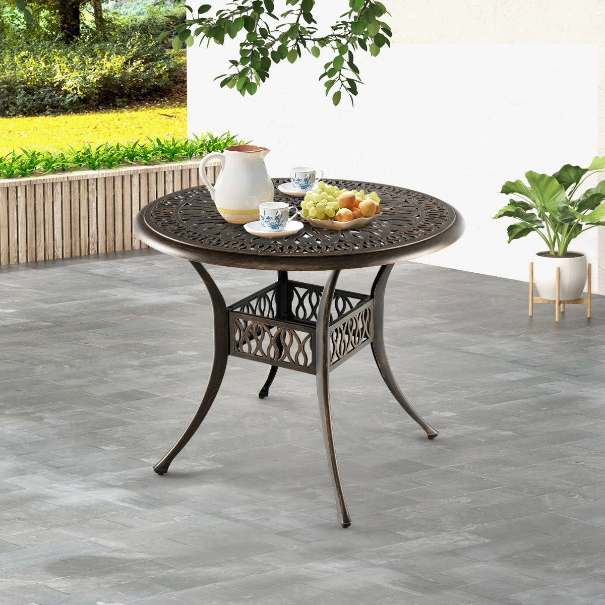 Mesa de Jantar de Jardim Alumínio Fundido para Exterior com Orifício para Guarda-Sol de 5 cm e Almofadas Ajustáveis 90 x 74 cm