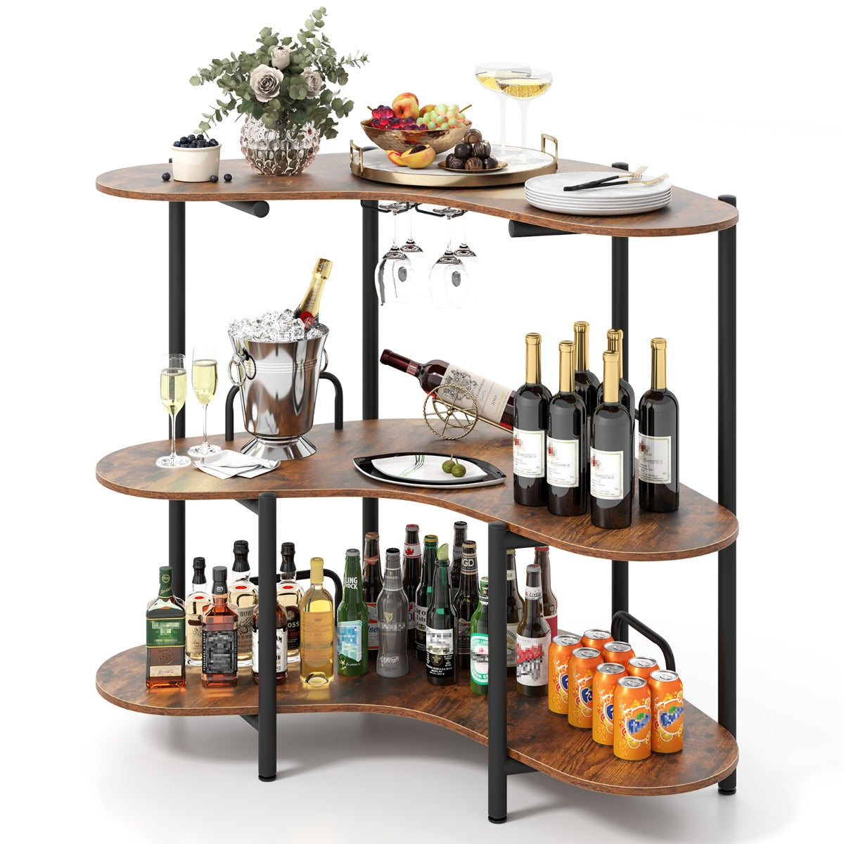 Mesa de Bar com Suportes para Copos e Prateleiras no Bar Industrial com Estrutura Metálica 120 x 66 x 102 cm - Castanho