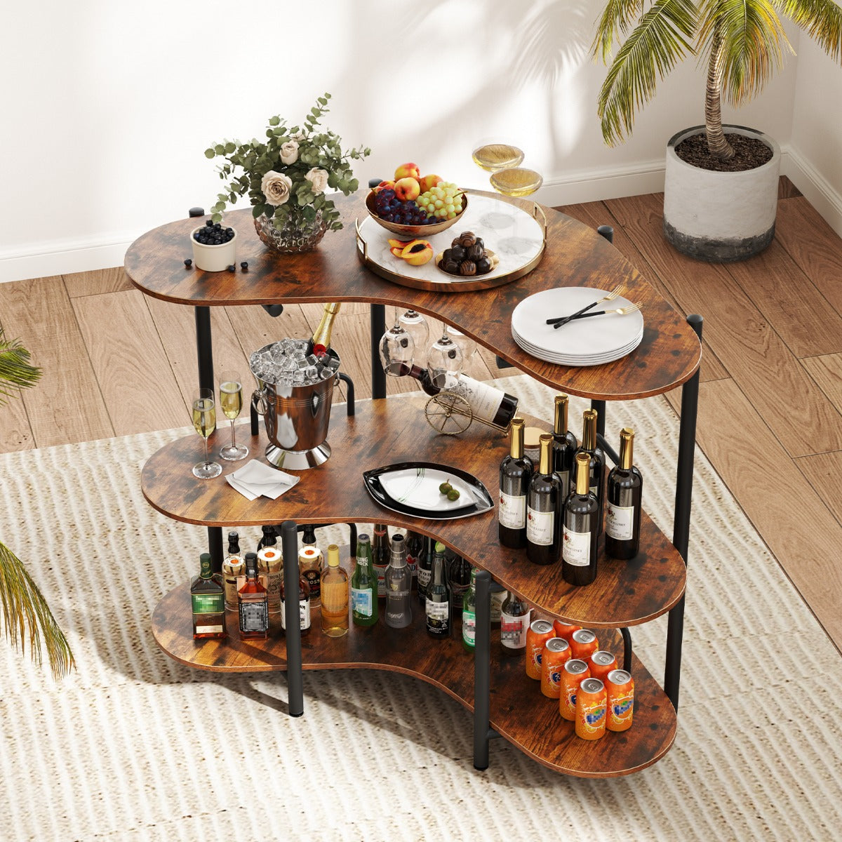 Mesa de Bar com Suportes para Copos e Prateleiras no Bar Industrial com Estrutura Metálica 120 x 66 x 102 cm - Castanho