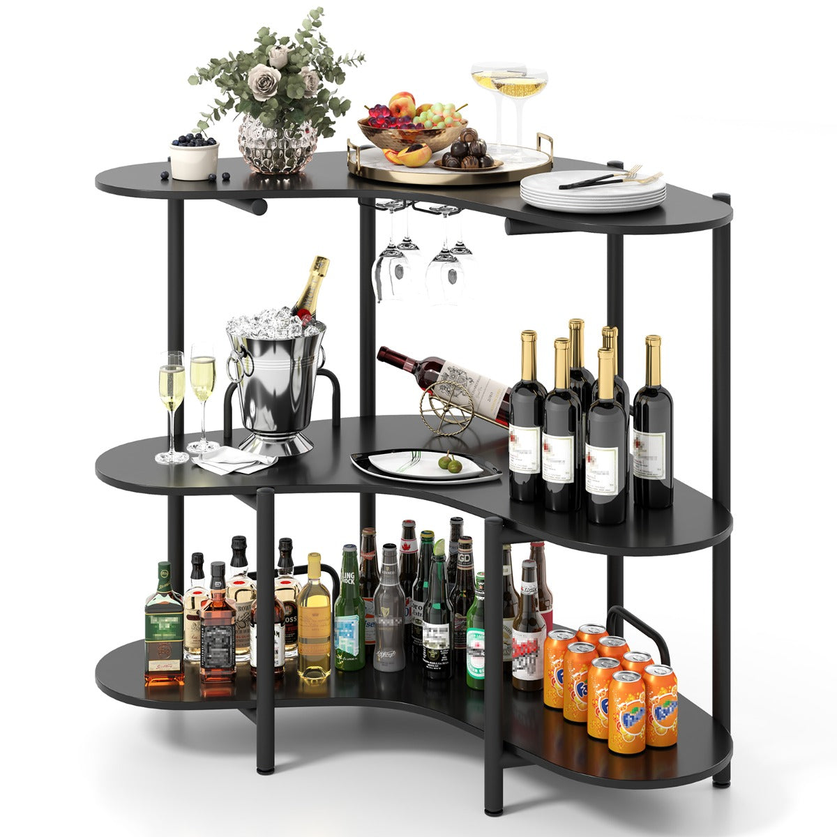Mesa de Bar Industrial com Suportes para Copos e Prateleiras 120 x 66 x 102 cm - Preto