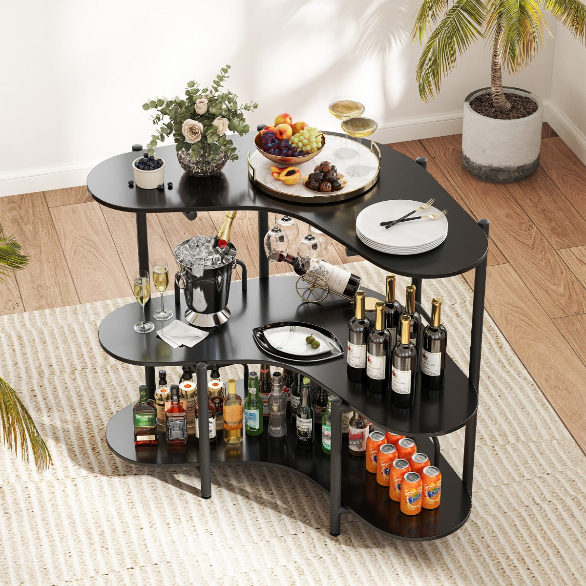Mesa de Bar Industrial com Suportes para Copos e Prateleiras 120 x 66 x 102 cm - Preto