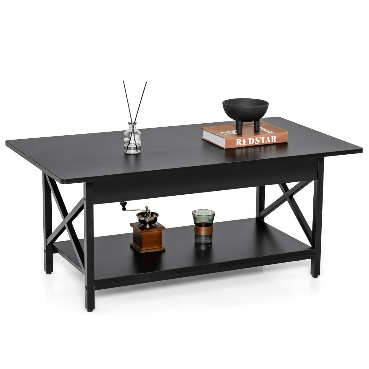 Mesa de Café Industrial de 2 Níveis com Prateleira de Armazenamento e Estrutura de Metal em Forma de X Mesa Retangular Preto
