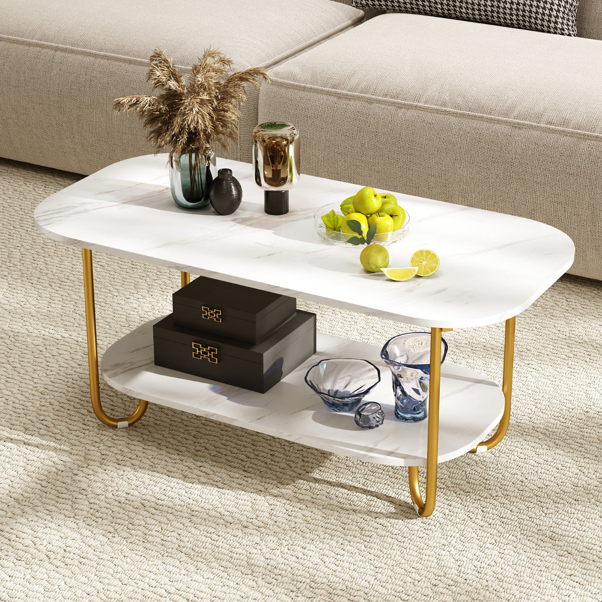 Mesa de Café com Tampo em Mármore Artificial Mesa de Centro Moderna de 2 Níveis com Estrutura Metálica Pesada Mesa Retangular para Sofá Branca
