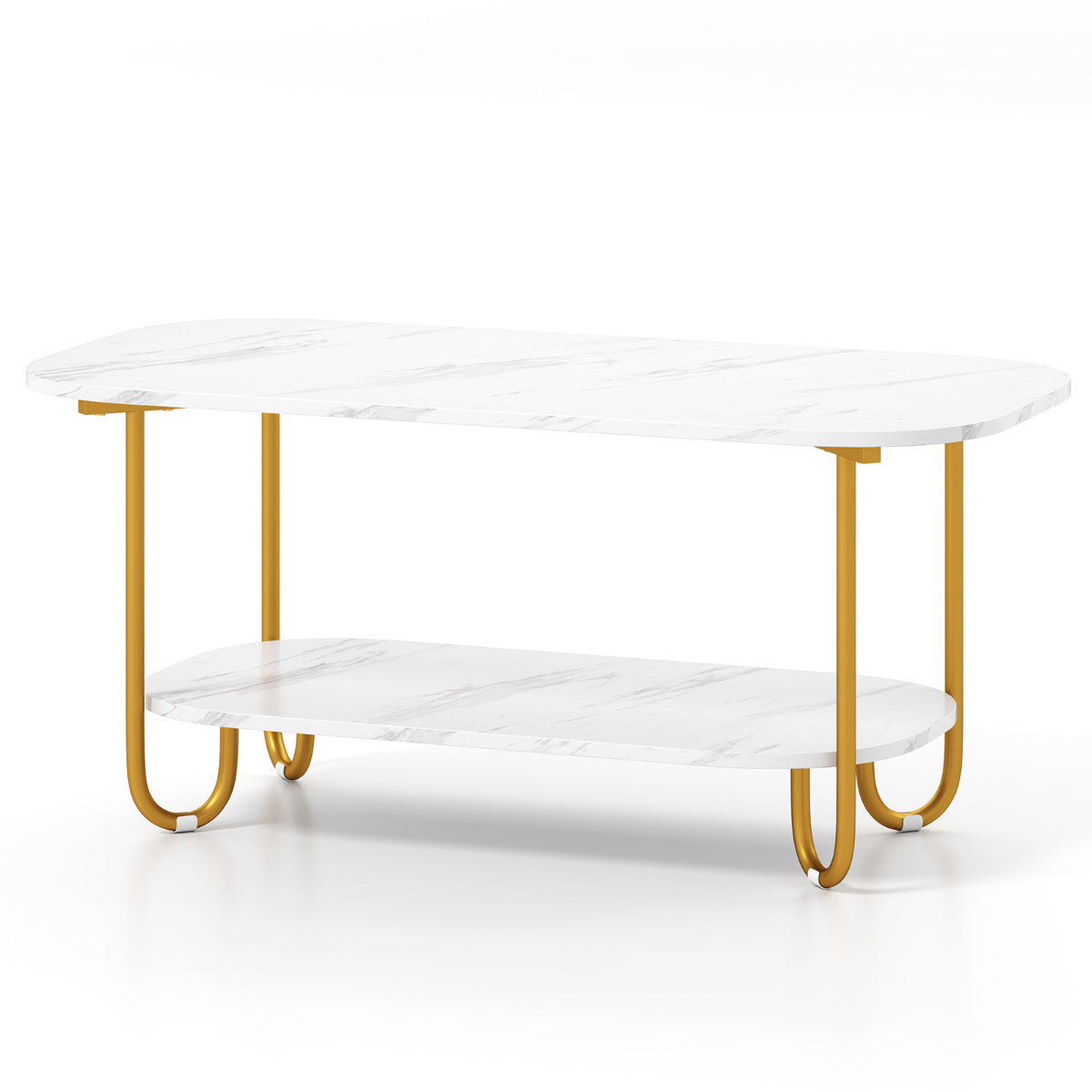 Mesa de Café com Tampo em Mármore Artificial Mesa de Centro Moderna de 2 Níveis com Estrutura Metálica Pesada Mesa Retangular para Sofá Branca