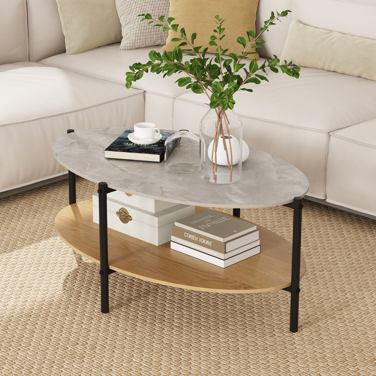 Mesa de Café com Estrutura Metálica Tampo de Mármore Artificial e Almofadas Ajustáveis 105 x 65 x 43 cm Cinza e Natural